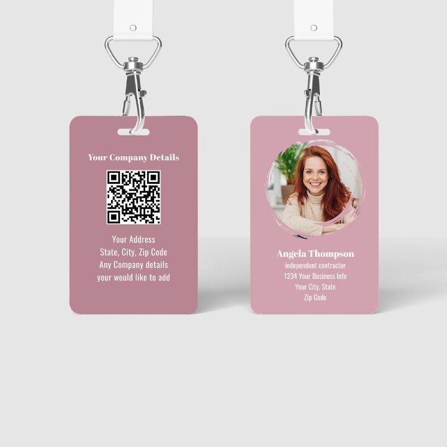 Pink Modern Photo QR Code Employee Badge (Pink business photo ID Badge with QR code template.)