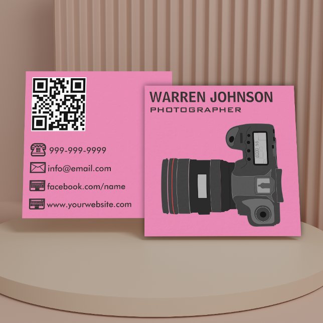 Pink Modern Photographer QR Code Square Business Card (Creator Uploaded)
