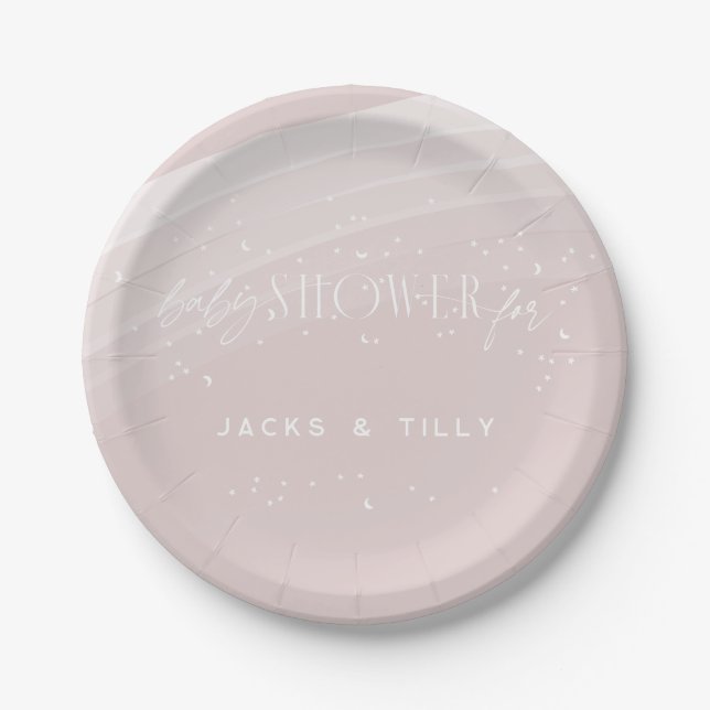 Pink Modern Rainbow and stars White Baby Shower Paper Plate (Front)
