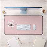 Pink Modern Script Girly Monogram Name Desk Mat<br><div class="desc">Add a touch of elegance to your workspace with the Pink Modern Script Girly Monogram Name Desk Mat. This chic mat features a soft blush pink design adorned with a sophisticated script monogram, offering a personalized flair to your desk area. Crafted from durable materials, it provides a smooth, spacious surface...</div>