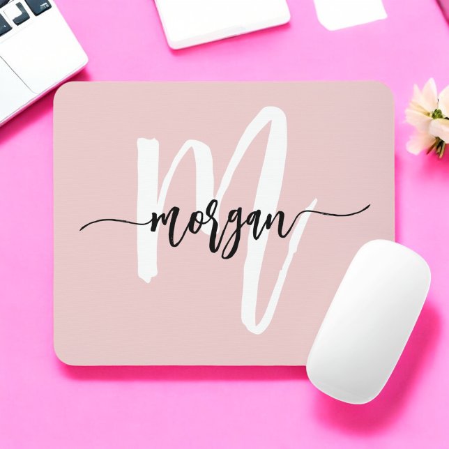 Pink Modern Script Girly Monogram Name Mouse Pad (Creator Uploaded)