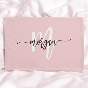 Pink Modern Script Girly Monogram Name Pillowcase