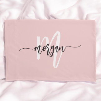 Pink Modern Script Girly Monogram Name Pillowcase