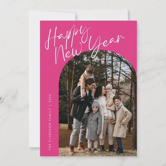 Pink Modern Script Happy New Year Arch 2 Photo Holiday Card (Front)