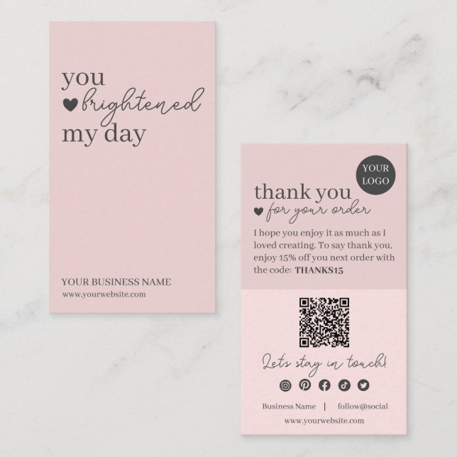 Pink Modern Script QR Code, Thank You  Business Card (Front/Back)