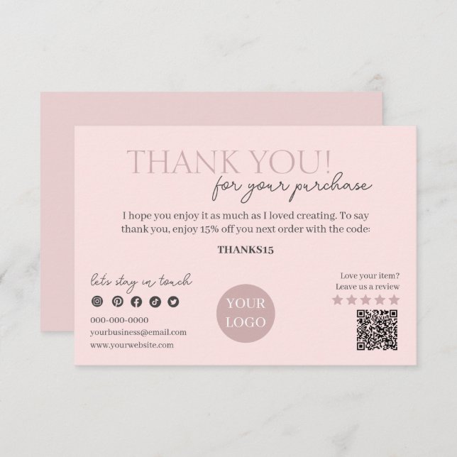 Pink Modern Script QR Code, Thank You Business Enclosure Card (Front/Back)