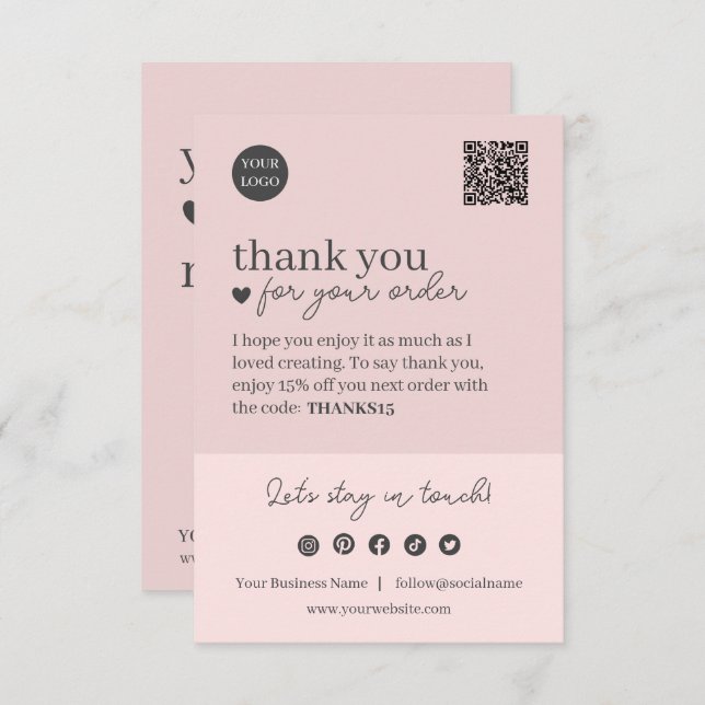 Pink Modern Script QR Code, Thank You Business Enclosure Card (Front/Back)