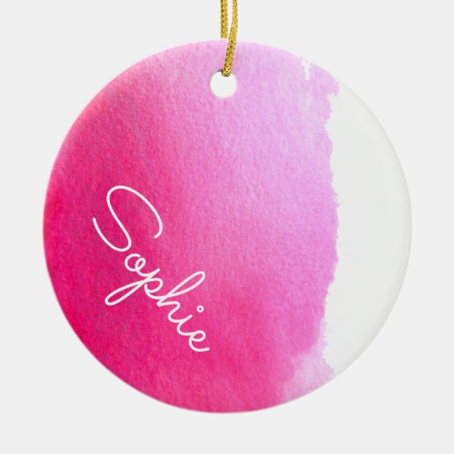 Pink modern simple watercolor Christmas name Ceramic Ornament (Front)