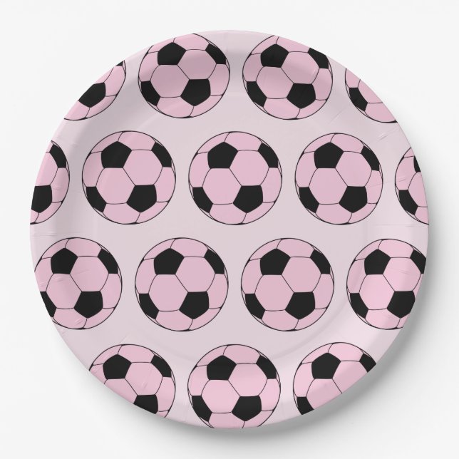 Pink Modern Soccer Ball Football Pattern Paper Plate (Front)