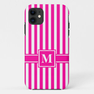 Pink Modern Stripe with Monogram iPhone 11 Case