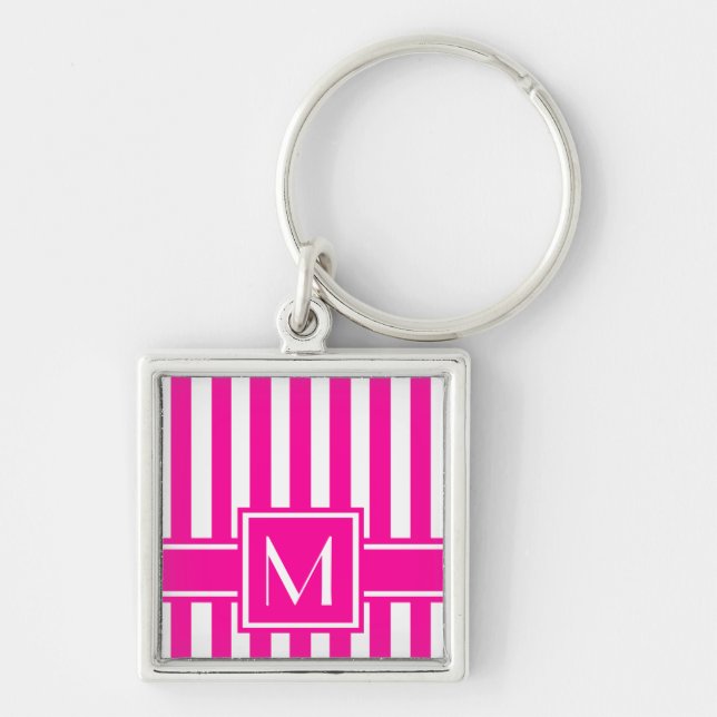 Pink Modern Stripe with Monogram Keychain (Front)