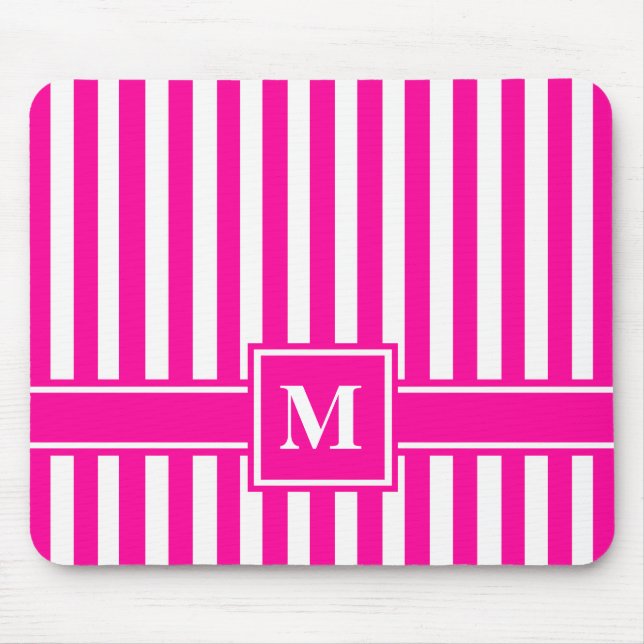 Pink Modern Stripe with Monogram Mouse Pad (Front)