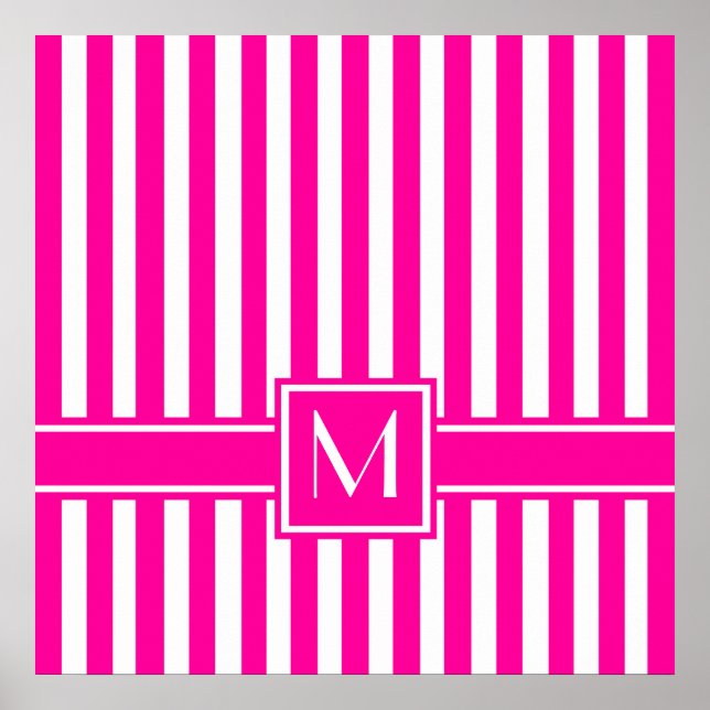 Pink Modern Stripe with Monogram Poster (Front)