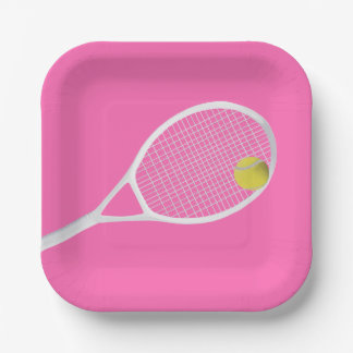 Pink Modern Tennis Ball White Racket  Paper Plate