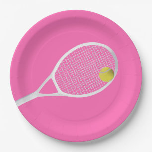 Pink Modern Tennis Ball White Racket Paper Plate