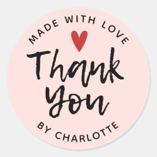 Pink Modern Thank You Script Handmade With Love Classic Round Sticker