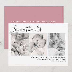 Pink Modern Three Photos New Baby Thank You Card