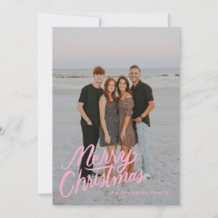 Pink Modern Trendy Merry Christmas 1 Photo Family Holiday Card