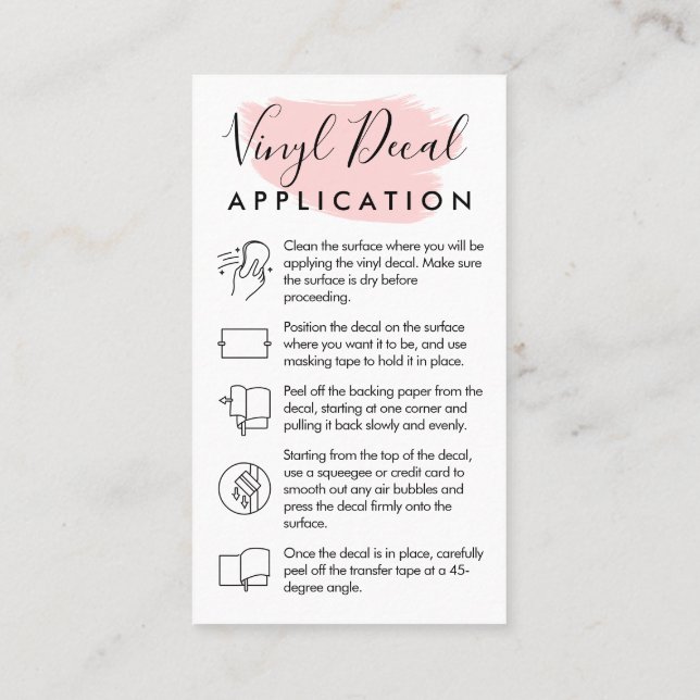 Pink Modern Vinyl Decal Application Instructions Business Card (Back)