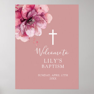 Pink Modern Watercolor Floral Baptism Welcome Sign