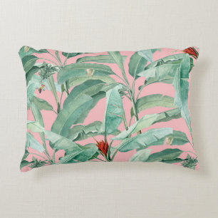 Pink Modern Watercolor Tropical Banana Palm Leaves Accent Pillow