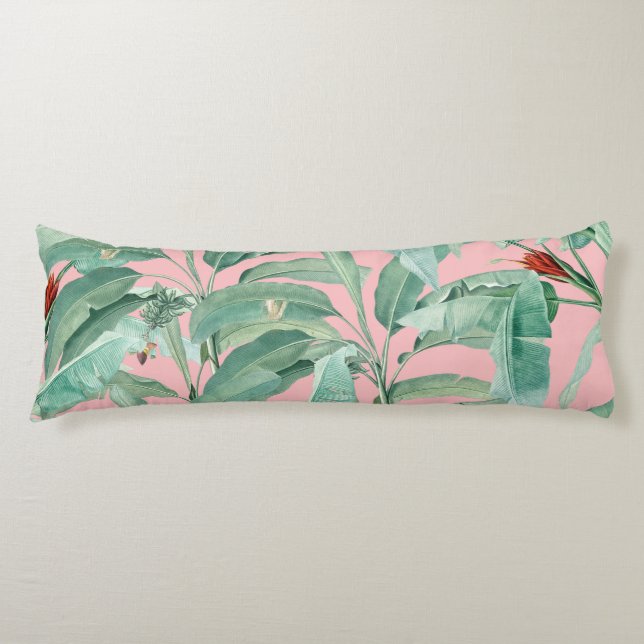 Pink Modern Watercolor Tropical Banana Palm Leaves Body Pillow (Front)