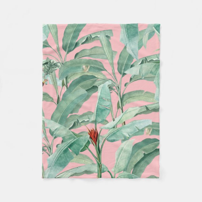 Pink Modern Watercolor Tropical Banana Palm Leaves Fleece Blanket (Front)