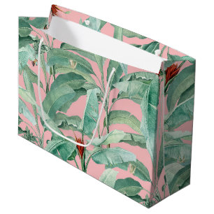 Pink Modern Watercolor Tropical Banana Palm Leaves Large Gift Bag