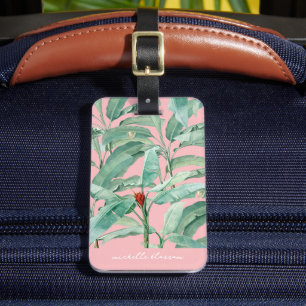 Pink Modern Watercolor Tropical Banana Palm Leaves Luggage Tag