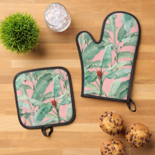 Pink Modern Watercolor Tropical Banana Palm Leaves Oven Mitt & Pot Holder Set