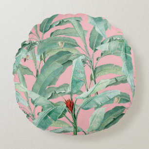 Pink Modern Watercolor Tropical Banana Palm Leaves Round Pillow