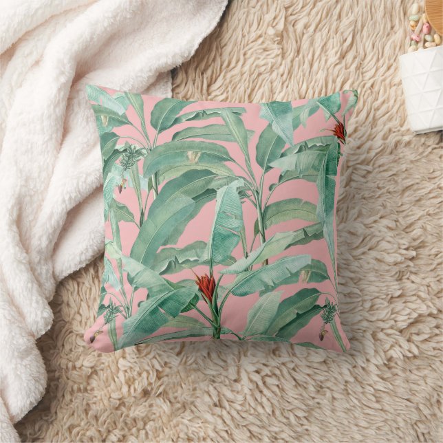 Pink Modern Watercolor Tropical Banana Palm Leaves Throw Pillow (Blanket)