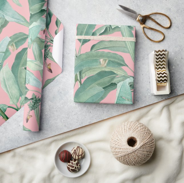 Pink Modern Watercolor Tropical Banana Palm Leaves Wrapping Paper (Crafts)