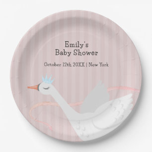 Pink Modern Whimsical Princess Swan Baby Shower Paper Plate