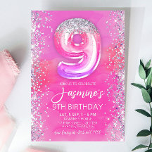 Pink modifiable 9e anniversaire Invitation Modèle 