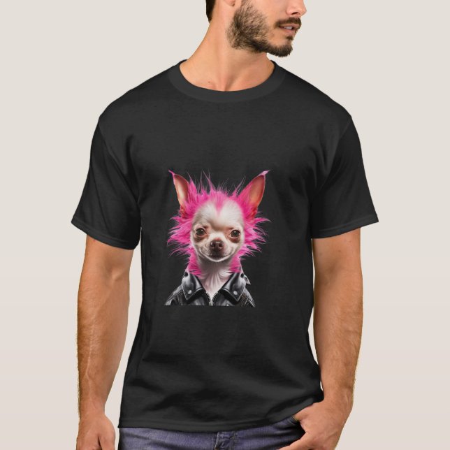 Pink Mohawk Punk Rock Musician Chihuahua in Leathe T-Shirt (Front)