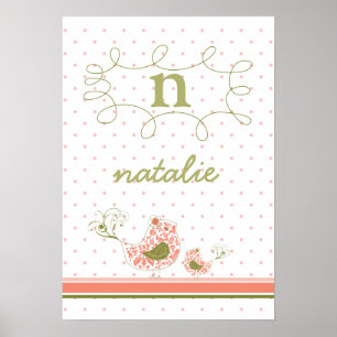 Pink Mom & Baby Bird Monogram Kids Wall Art Poster