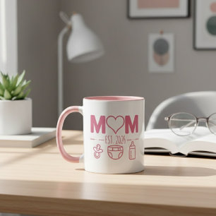 Pink Mom Est Year Baby Icons Design Mug