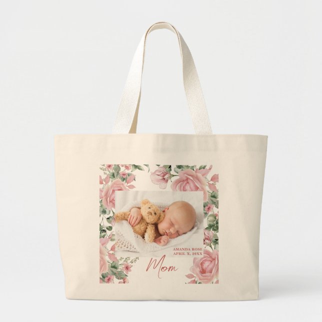Pink Mom Floral Photo Large Tote Bag (Front)