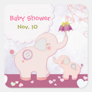 Pink Mom n Baby Elephants Baby Shower Square Sticker