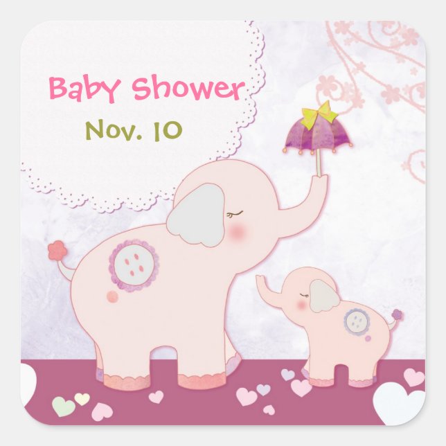 Pink Mom n Baby Elephants Baby Shower Square Sticker (Front)