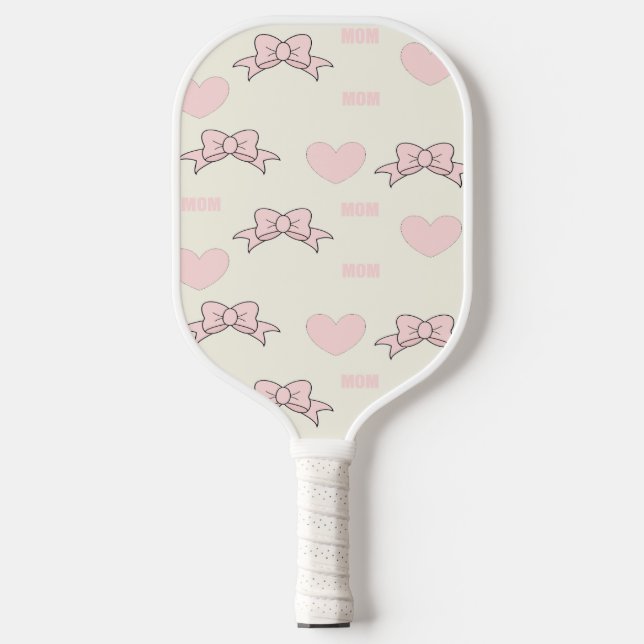 Pink mom pattern on cream pickleball paddle (Front)