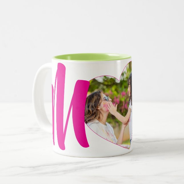 Pink "MoM" Photo Heart Personalized Two-Tone Coffee Mug (Front Left)