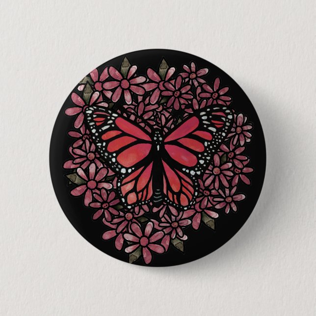 Pink Monarch Butterfly Spring Flower Daisies       2 Inch Round Button (Front)