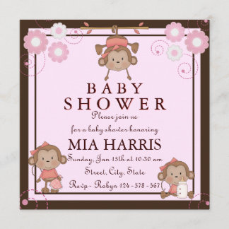 Pink Monkey Baby Shower Invitation