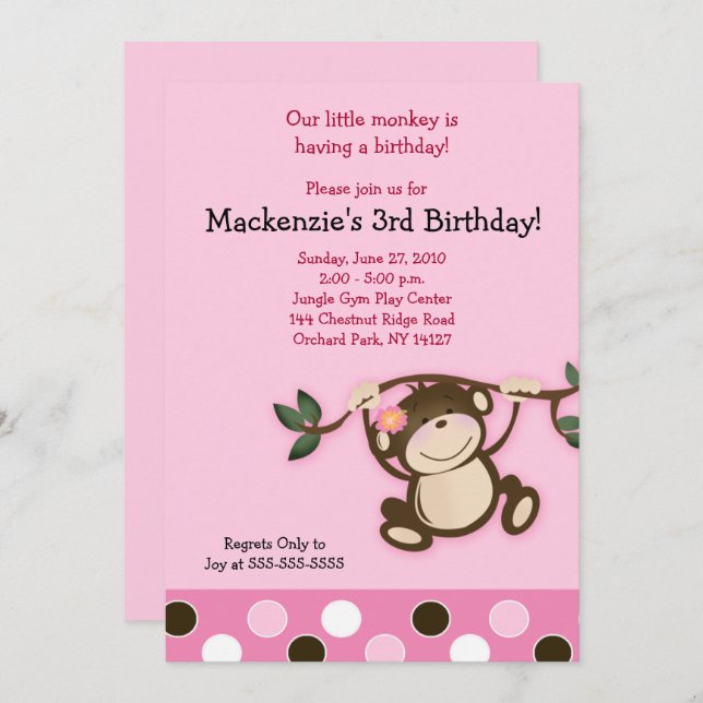 Pink Monkey Girl Birthday Invitation (Front/Back)