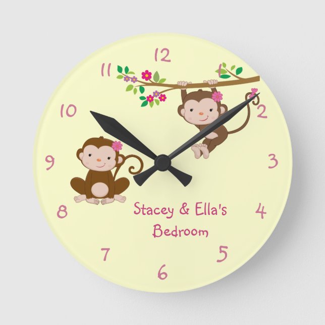 Pink Monkey Sisters Personalized Shared Bedroom Round Clock (Front)