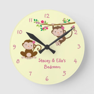 Pink Monkey Sisters Personalized Shared Bedroom Round Clock