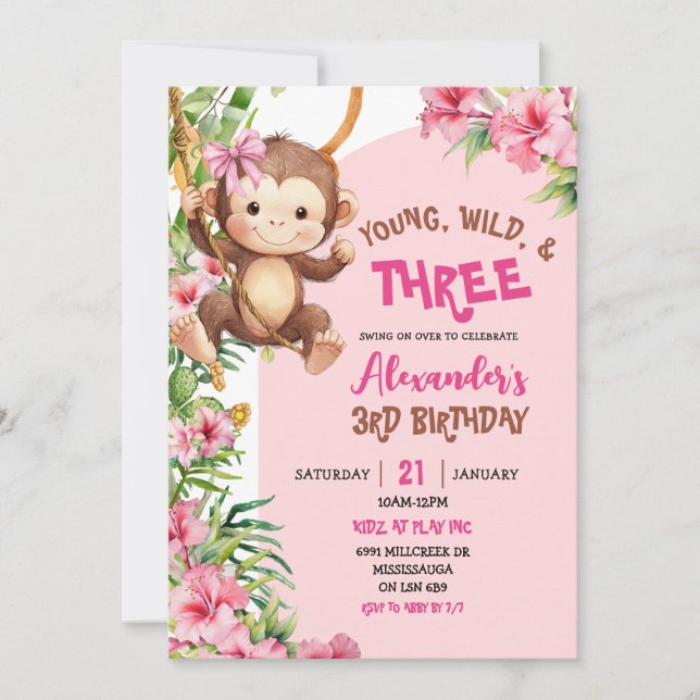 Pink Monkey Young Wild Three Third Birthday Invitation (Front)