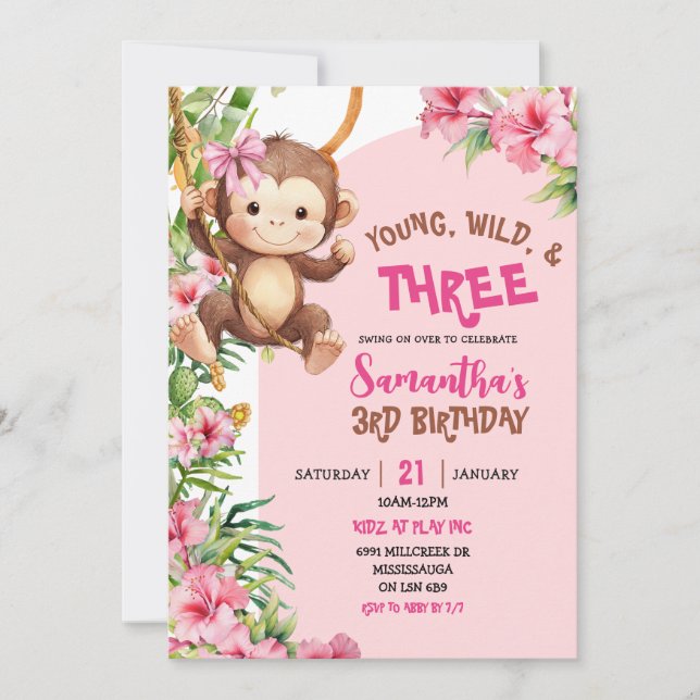 Pink Monkey Young Wild Three Third Birthday Invitation (Front)
